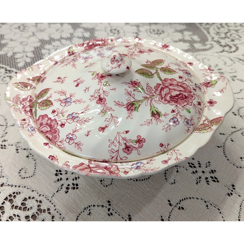 Vintage Vegetable Dish Pink Johnson Bros Rose Chintz Lidded Bowl